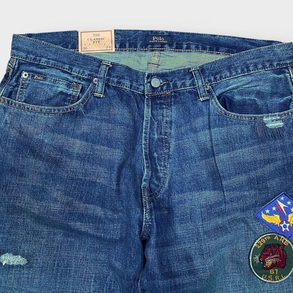 Polo Ralph Lauren Tiger Military Patch Patchwork Distressed Jeans size 36x34 New - Picture 5 of 14